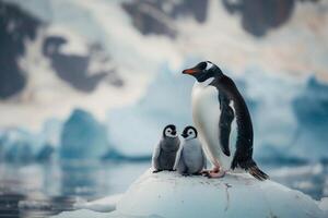 ai generado un pingüino padre con polluelos en un pequeño hielo témpano de hielo foto