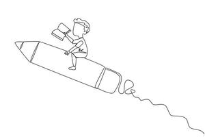 Single one line drawing a boy rides on a pencil-shaped rocket. Reading a book at a height. Read books anywhere. Very good habits. Book festival concept. Continuous line design graphic illustration vector