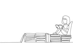 Continuous one line drawing girl sitting relaxed reading a book on pile of books. Relax while reading fiction books. Enjoy the storyline. Book festival concept. Single line design vector illustration