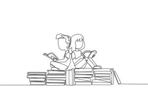 Single one line drawing kids sitting relaxed reading a book on pile of books. Relax while reading fiction books. Enjoy the storyline. Book festival concept. Continuous line design graphic illustration vector