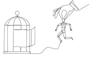 continuo uno línea dibujo grande manos participación robot y querer poner en un jaula. captura apenas. golpeando un negocio adversario por infiel. injusto negocio. soltero línea dibujar diseño vector ilustración