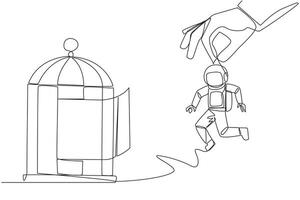 Single continuous line drawing big hands holding astronaut and want put in a cage. Trapping roughly. Beating a business opponent by cheating. Unfair business. One line design vector illustration