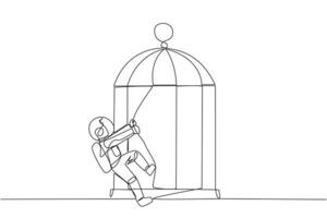 Single continuous line drawing young astronaut pull the iron bars until dented. Describes anger. The cosmonaut expressing disappointment. Unhappy. Exasperated. One line design vector illustration