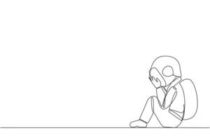 Single continuous line drawing young astronaut sitting while covering face. An unhappy astronaut bemoans the fate of business. Failure to develop business unit. One line design vector illustration