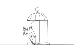 Single continuous line drawing Arabian businessman pull iron bars until dent. Describes anger. Businessman expressing disappointment. Unhappy feeling. Exasperated. One line design vector illustration