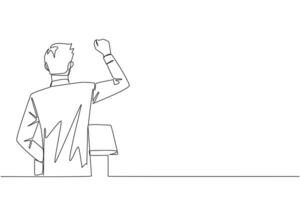 Continuous one line drawing rear view of a businessman speaking at the podium. Raising and clenching hands, he enthusiastically gave financial gain oration. Single line draw design vector illustration