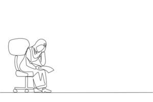 Single continuous line drawing sad Arab businesswoman sit limply in chair. Pensively holding piece of bill paper. The large of receivables, business will collapse. One line design vector illustration