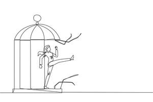 Single one line drawing businesswoman trapped in cage kick the cage until wrecked. Freedom of expression for the smooth running of business. Distractions. Continuous line design graphic illustration vector