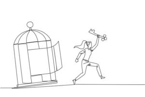 Single one line drawing businesswoman running out of the cage holding the key. Concept of freedom from something that binds. Freedom to advance business. Continuous line design graphic illustration vector