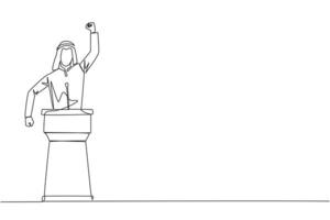 Continuous one line drawing Arabian businessman speak at podium by clenching fists at head height. Doing oration. Leadership concept. Burning the spirit. Single line draw design vector illustration