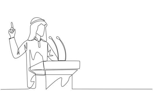 Single continuous line drawing young Arabian businessman speaking at the podium while lifting index finger up. He made favorable statement for the company. Oration. One line design vector illustration
