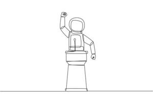 Single continuous line drawing young astronaut speak at the podium by clenching fists at head height. Doing oration. Leadership concept. Burning the spirit. Orator. One line design vector illustration