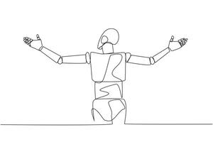 Continuous one line drawing rear view of robotic speaking at the podium while opening hands. Style like successful motivator. Invite to increase business. Single line draw design vector illustration