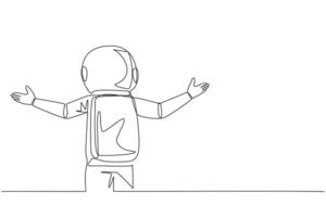 Continuous one line drawing rear view of astronaut speaking at the podium while opening hands. Style like successful motivator. Invite to increase business. Single line draw design vector illustration