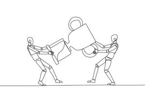 Single one line drawing two angry robot fighting over trophy. There are no co-champions. The two robots are required to contest ideas again. Future tech AI. Continuous line design graphic illustration vector