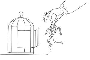 Single one line drawing big hands holding businessman and want put in a cage. Trapping roughly. Beating a business opponent by cheating. Unfair business. Continuous line design graphic illustration vector