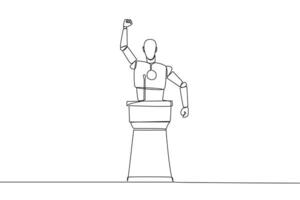 Continuous one line drawing robotic speak at the podium by clenching fists at head height. Doing oration. Leadership concept. Burning the spirit. AI tech. Single line draw design vector illustration