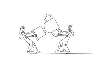 Single continuous line drawing two Arabian businessman fighting over trophy. There are no co-champions. The two entrepreneurs are required to contest ideas again. One line design vector illustration