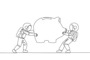 Single one line drawing two selfish astronaut fighting over big piggy bank. Arguing and each other feel entitled. Astronaut versus astronaut. Attack. Space. Continuous line design graphic illustration vector