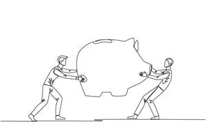 Single one line drawing two selfish businessman fighting over big piggy bank. Arguing and each other feel entitled. Businessman versus businessman. Attack. Continuous line design graphic illustration vector