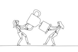 Single one line drawing two businesswoman fighting over the trophy. There are no co-champions. The two entrepreneurs are required to contest ideas again. Continuous line design graphic illustration vector