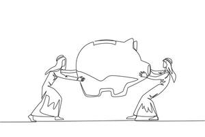 Single one line drawing two selfish Arabian businessman fighting over big piggy bank. Arguing and each other feel entitled. Businessman versus businessman. Continuous line design graphic illustration vector