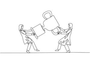 Single continuous line drawing two Arabian businesswoman fighting over trophy. There are no co-champions. The two entrepreneurs are required to contest ideas again. One line design vector illustration