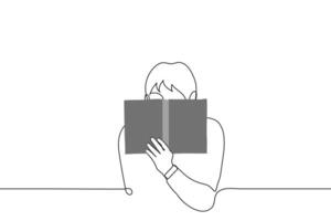 hombre sentado ocultación su cara detrás un abierto libro - uno línea dibujo vector. concepto de leyendo un vergonzoso libro, prohibido literatura, culpable placer, erótico novela vector