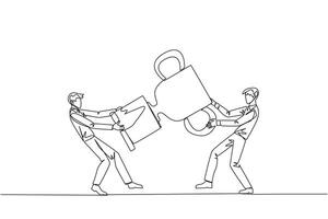 Continuous one line drawing two businessman fighting over trophy. There are no co-champions. The two entrepreneurs are required to contest ideas again. Single line draw design vector illustration