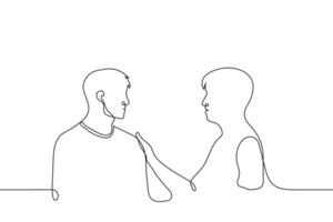 man comforting another holding him by the shoulder - one line drawing vector. concept friendly support, emotional help, empathy, kindness, mercy, sympathetic, offer your help vector