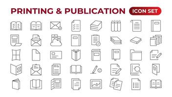 Printing and Publication icon set. Flyer Brochure line icon set. letterhead, booklet, leaflet, corporate catalog, and envelope icon set. Outline iconcollection. vector