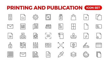 Printing and Publication icon set. Flyer Brochure line icon set. letterhead, booklet, leaflet, corporate catalog, and envelope icon set. Outline iconcollection. vector