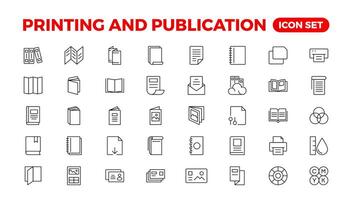 Printing and Publication icon set. Flyer Brochure line icon set. letterhead, booklet, leaflet, corporate catalog, and envelope icon set. Outline iconcollection. vector