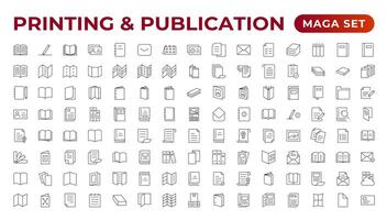 Printing and Publication icon set. Flyer Brochure line icon set. letterhead, booklet, leaflet, corporate catalog, and envelope icon set. Outline iconcollection. vector