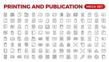 Printing and Publication icon set. Flyer Brochure line icon set. letterhead, booklet, leaflet, corporate catalog, and envelope icon set. Outline iconcollection. vector