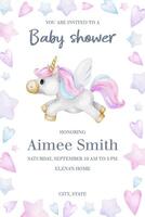 Cute baby shower invitation for girls. Greeting card with fairytale hearts,clouds and stars. New born celebration. Template of newborn's party invitation. Watercolor hand drawn illustration. vector