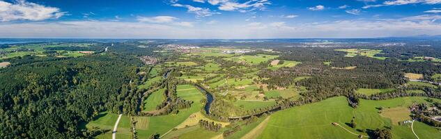 Loisach river with Starnbergersee lake in the back. Bavarian pre alps. Aerial photo