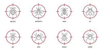 detener insecto icono colocar. parásito controlar íconos conjunto en rojo objetivo. insectos a punta de pistola. cama bicho, mosquito, avispa, volar, hormiga, Pizca, cucaracha, y araña simbolos vector ilustración.