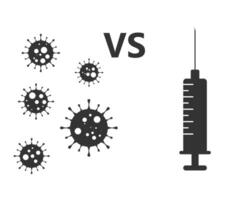 Coronavirus bacteria faighting against vaccine syringe. Vector illustration.