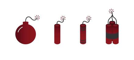 Dynamyte and bomb icon set. Red color. Bomb with lit fuse sign collection. Vector illustration.