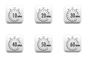 Set of timer. Stopwatch icons. Countdown 10.20,30,40,50,60 minutes. Stopwatch sign set. Flat vector illustration.