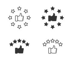 Hand with thumb up and stars rating icon. Customer review rating with stars and thumb-up. Vector illustration.