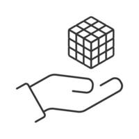 Cube puzzle in hand. 3d combination puzzle, linear dwsign. Vector illustration.