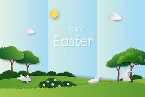 Happy Easter on sunshine day with rabbit family in the garden vector