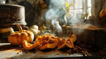 AI generated Autumn harvest, pumpkins roasting, spices filling the air photo