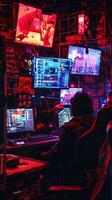 ai generado cyberpunk hackers guarida, pantallas radiante, digital rebelión foto