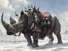 AI generated Majestic rhino, ancient armor, savannas quiet force photo