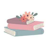 apilar de libros con flores aislado en blanco antecedentes vector