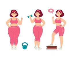 Overweight woman shows the results in losing weight after activities vector