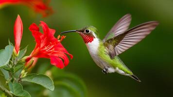 ai generado colibrí verde coronado brillante volador siguiente a hermosa rojo flor foto